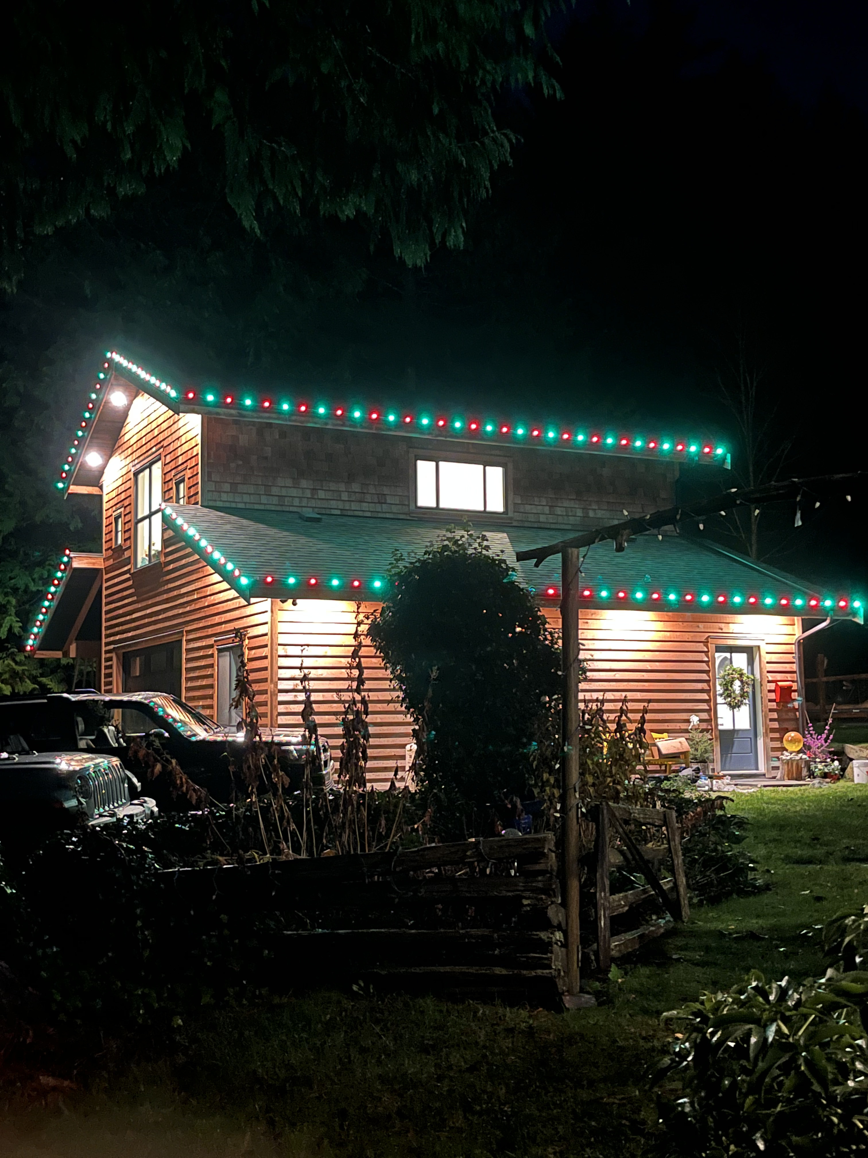 Green and red Christmas lights Roberts Creek BC